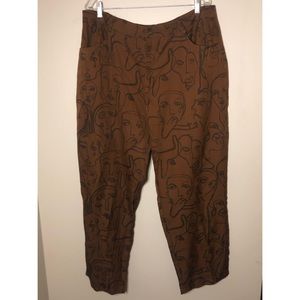 Brown Abstract Face Print Pants